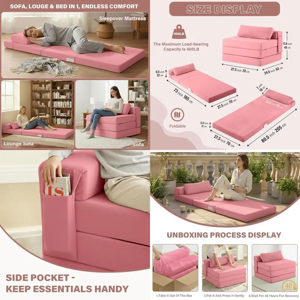 

Convertible Sleeper Chair with Storage, Washable Cover, Pillow, Adult Single Sofa Bed, Pink