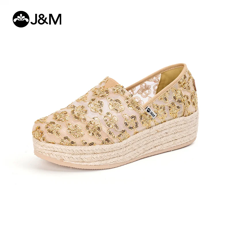 

J&M Casual Shoes Women Loafers Wedges Lace Mesh Breathable Espadrilles Shoes Summer Platform Fisherman Shoes Black Sneakers