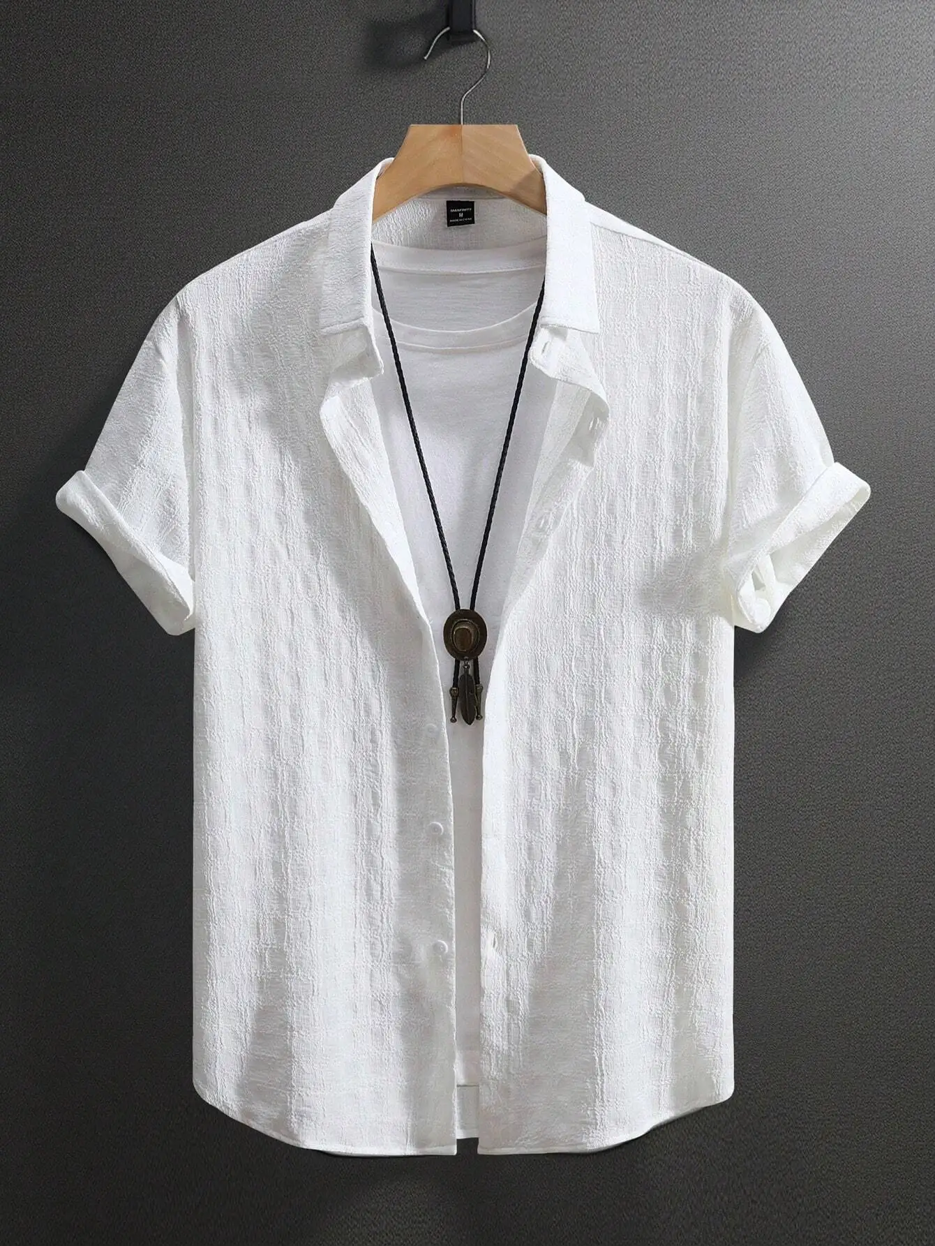 

Men's White Textured Short Sleeve Button-Up Casual Shirt for Summer Vacation