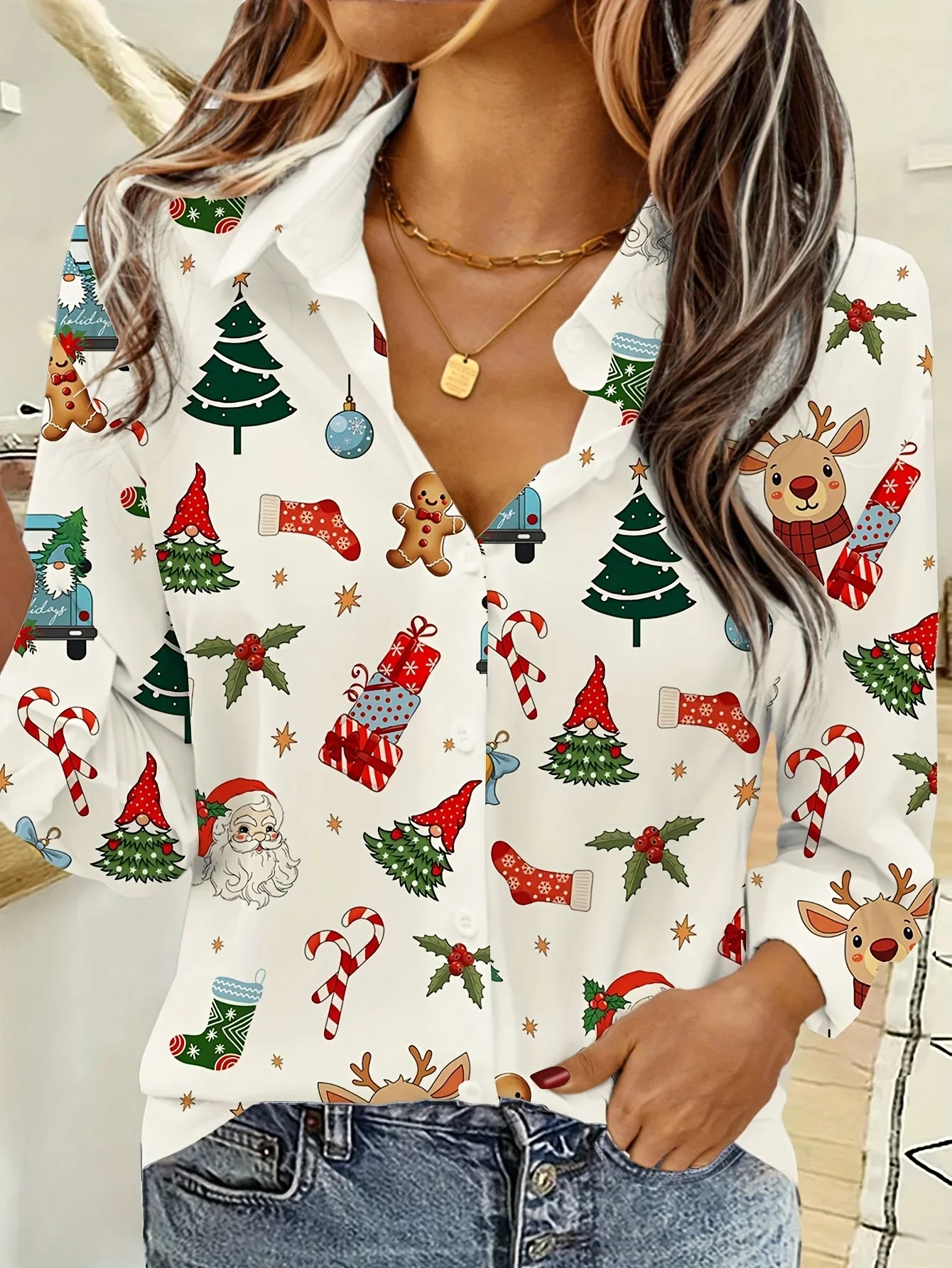

2025 Christmas Women's 3D Printed Santa Claus Long Sleeve Shirts Casual Christmas Blouse for Party Button-Up Tops For Women