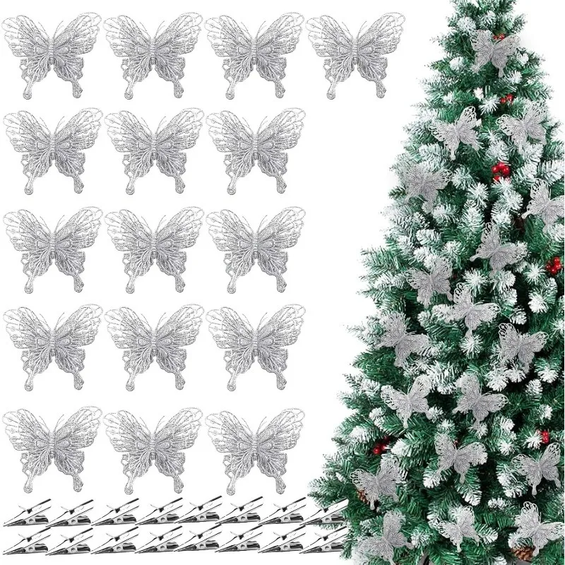 Silver Glitter Hollow Butterfly Clips Ornaments Artificial Butterflies for Christmas Tree Wreath Wedding Xmas Holiday Home Decor