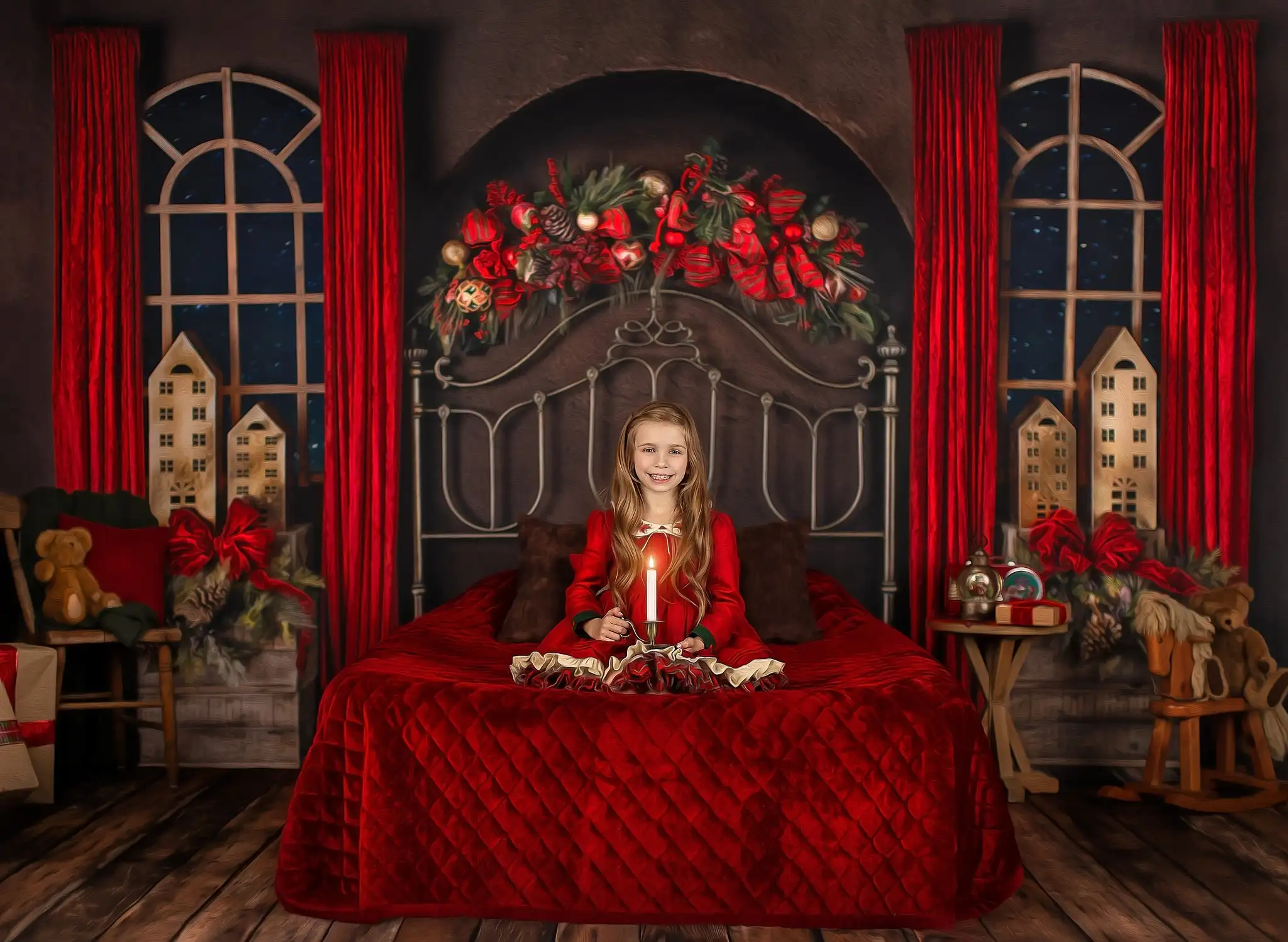 Christmas Bed Headboard Photography Backdrops Kids Family Photocall Red Curtains Photo Windows Backgrounds