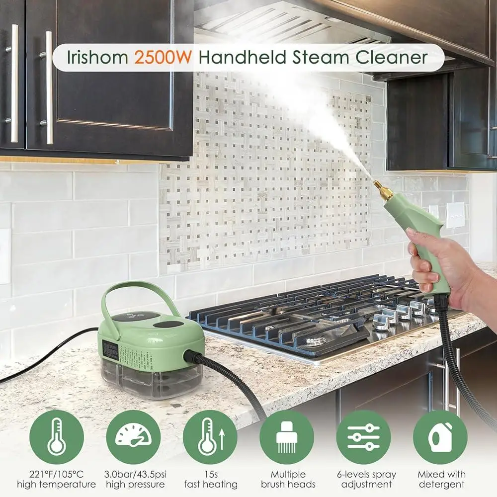 Пароочиститель высокого давления 2500 Вт, резервуар для воды 1000 мл, регулируемые уровня пара, ручная портативная чистящая машина с насадками-щеткой