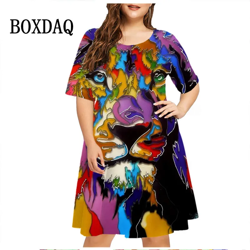 Summer Mini Dress For Women Tie Dye Fashion Painting Lion Cat Print Dresses Street Art Elegant Casual Cute Short Sleeve Dresses