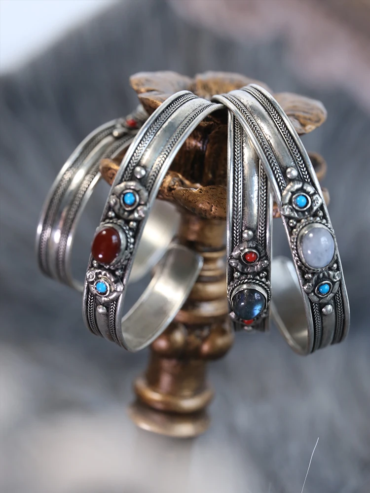 BB-456 Tibetan Bangles White Metal Copper Inlaid Simulated Turquoise Open Cuff Bangle Nepal vintage Jewelry