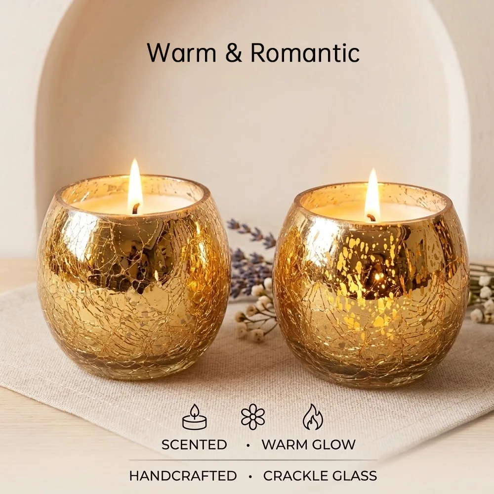 

2PCS Handmade Crackle Glass Candle Holder, Luxury Gold Votive Tea Light Cup for Wedding Party Home Decor, Romantic Centerpiece