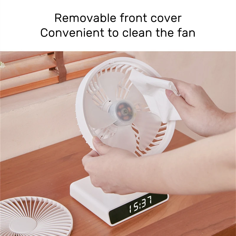 Home Electric Cooling oscillatin Fan Air Ventilator with Clock USB Rechargeable 4000mAh Battery Portable Auto Pivoting Table Fan