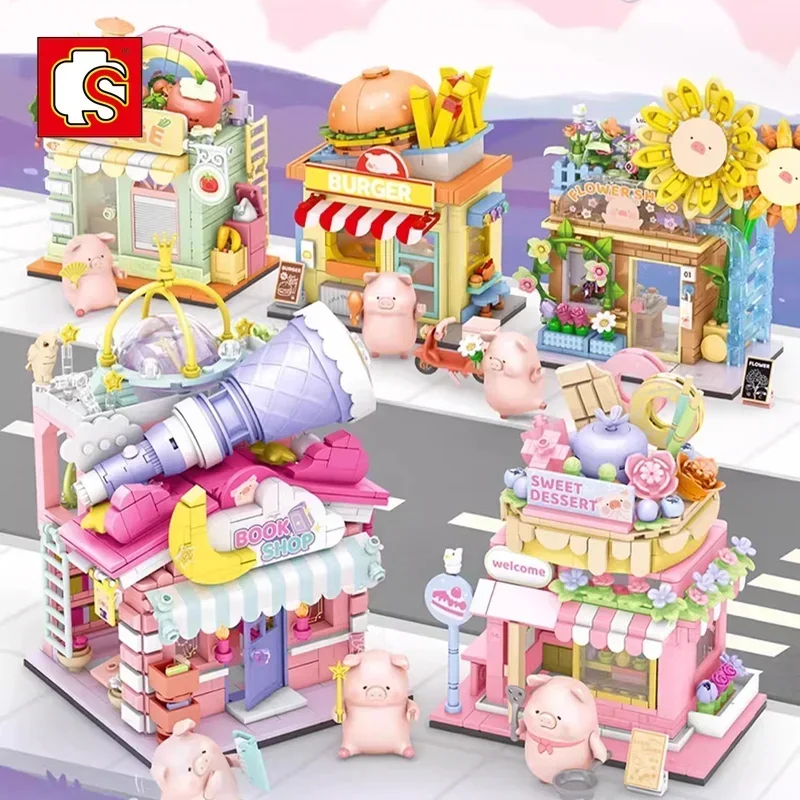 

SEMBAO милый оригинальный мультяшный уличный вид магазин серии флорист овощи двусторонний мир пазл строительные блоки