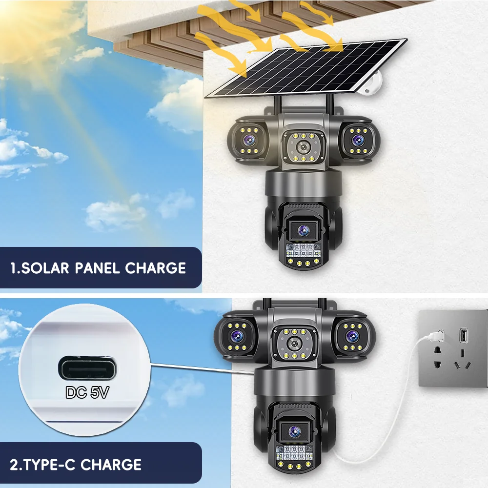 كاميرا 4G تعمل بالطاقة الشمسية، عدسة ثلاثية لاسلكية، كاميرا ويب IP بشاشة ثلاثية، بطارية منخفضة، كاميرات AOV، حماية أمن المنزل الذكي CCTV