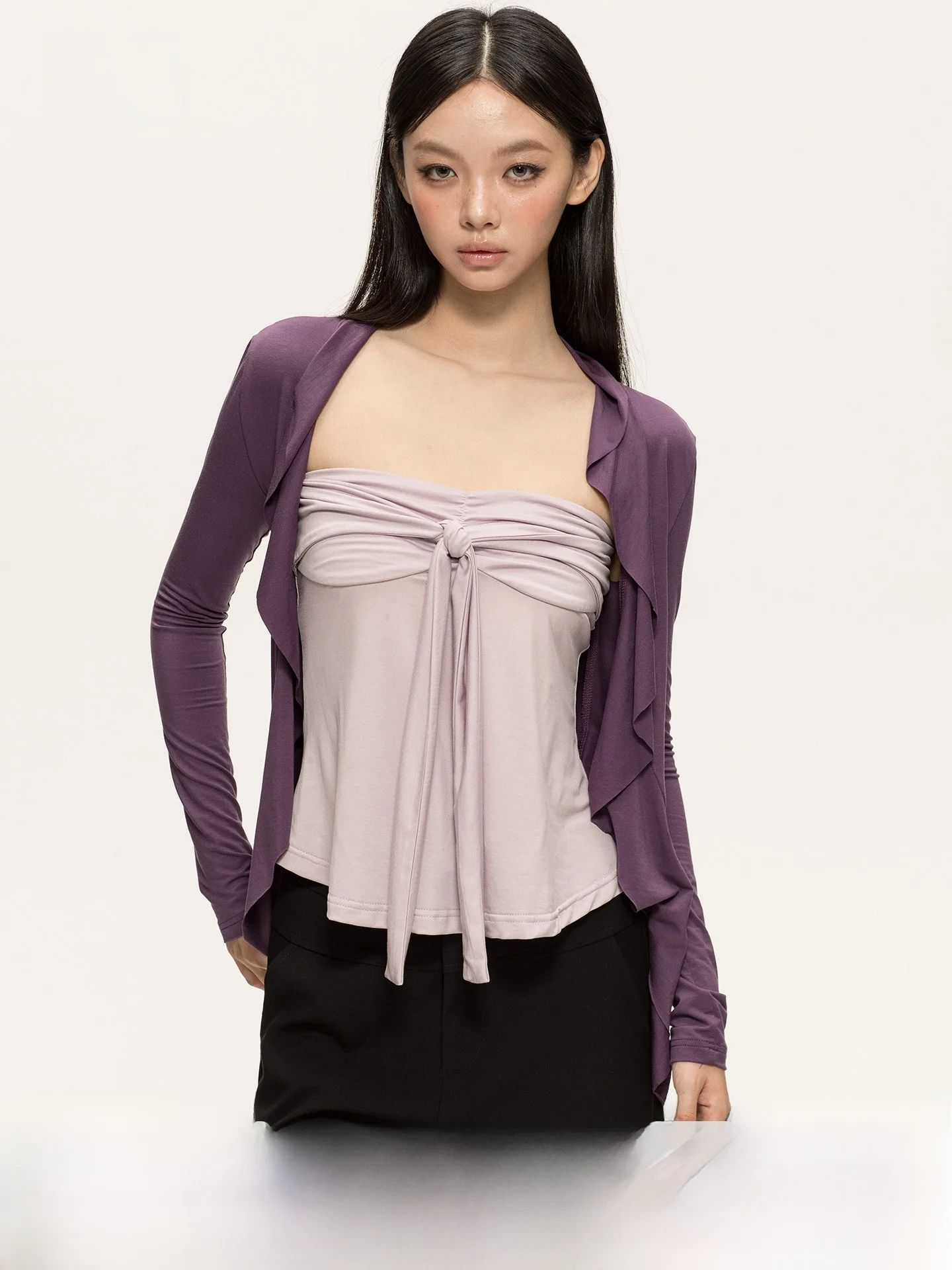 

Anna Aneae Summer Women's Long Sleeve Short Length Knitted Cardigan UV Protection Purple Design Sense Tie Dye Modal Silk Set