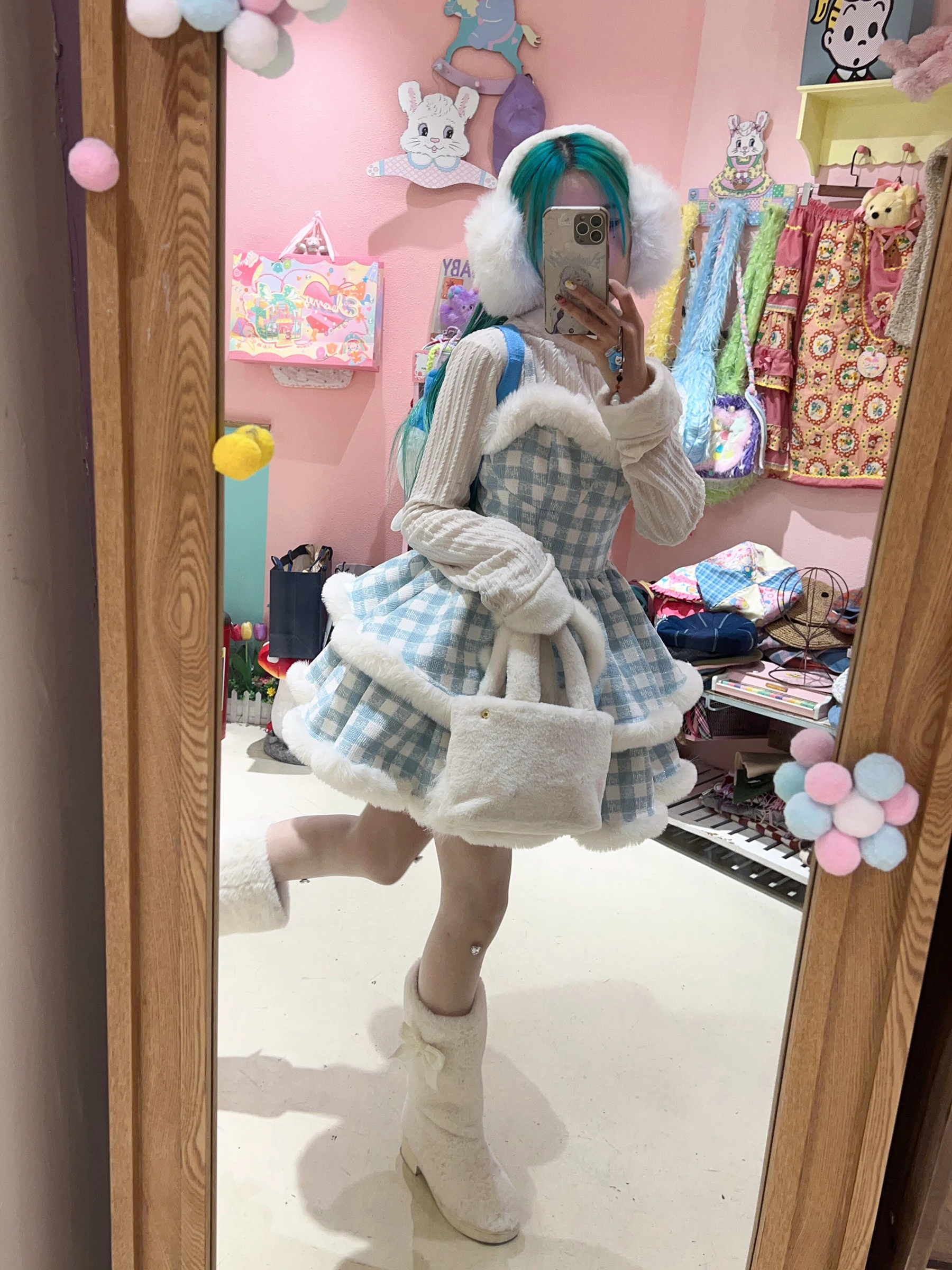 New Winter Sweet Girl\'s Pink Blue Plaid Short Coat Jacket Lolita Fur Patchwork Princess Suspender Dress Two Piece Dress Set