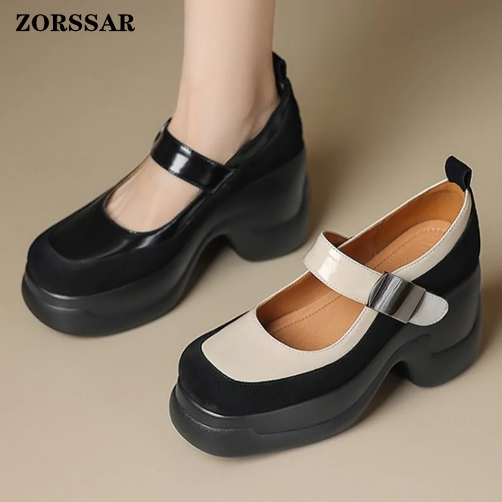 2026 New Women's Retro Two-Tone Mary Jane Pumps Platform Chunky Heel Metal Buckle Strap Round Toe Casual Clubwear Shoes