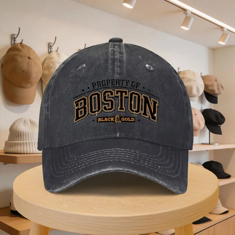 Men's Retro Black & Gold Baseball Cap from BOSTON – Adjustable Unisex Cap for Spring Autumn Beach Outings