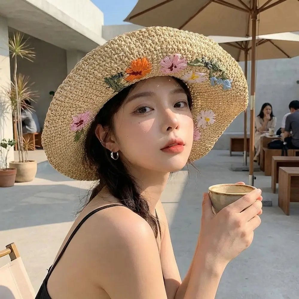 

Fashion Colorful Flower Straw Hat Embroidered Flower Boho Women's Sun Hats Breathable Foldable Beach Hat Girls