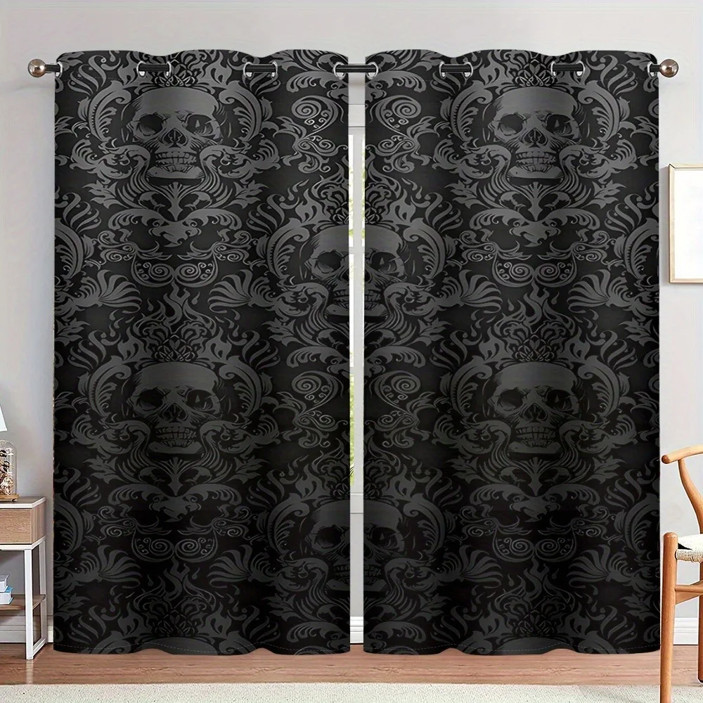Black Gothic Skull Damask Curtains 2 Panels Vintage Floral Skull Window Curtain Grommet Top Darkening Drapes For Bedroom Living