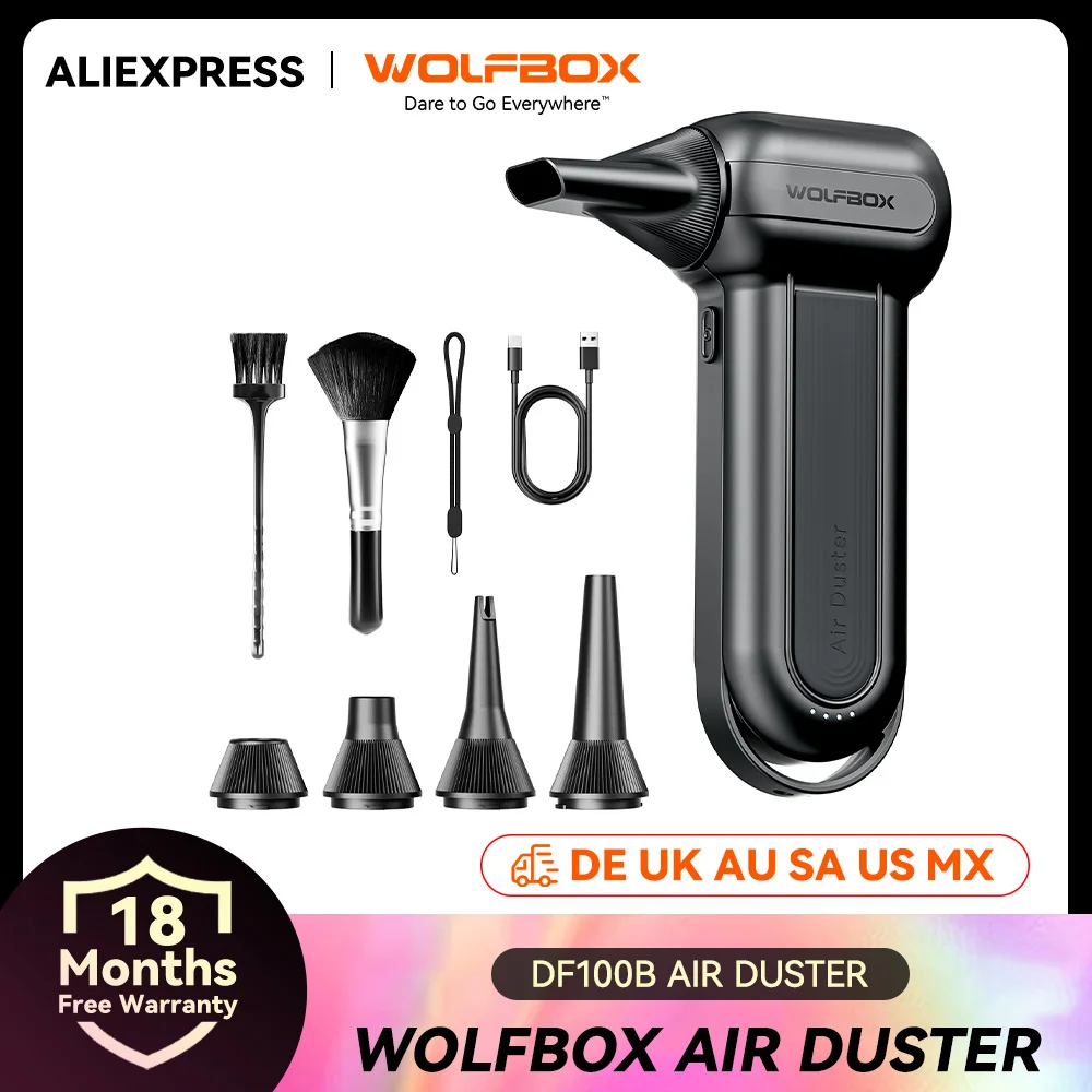 WOLFBOX DF100 Ventilador de ar elétrico espanador de ar-150000RPM Super potência, motor sem escova recarregável de 3 engrenagens para carro/PC/casa/exterior
