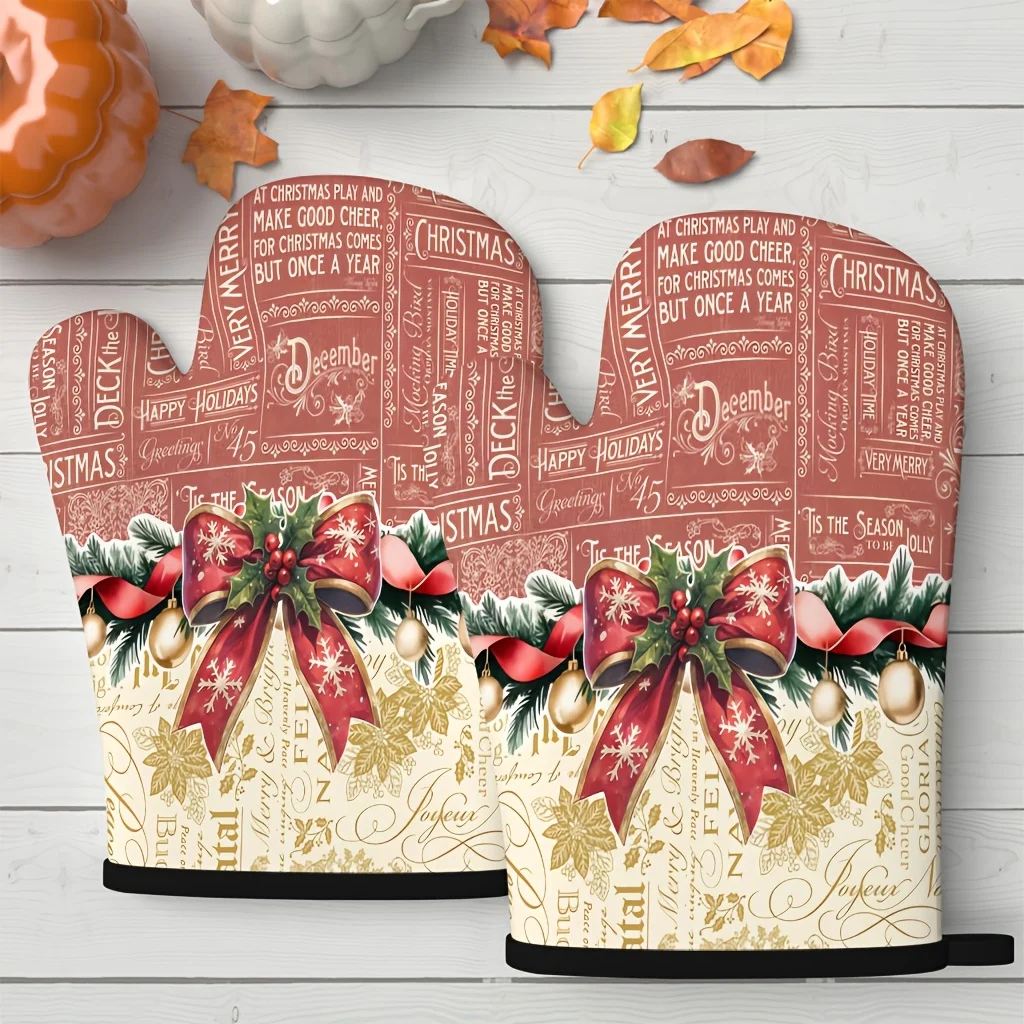 2 Oven Mitts with Vintage-style Floral Christmas Bows Heat-resistant Kitchen Gloves Baking Gift Mitts Kitchen Decor for Grilling