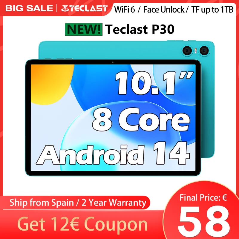 Teclast P30 Android 14 Tablet, 10.1 Inch 1280X800, Allwinner A523 Octa Core, 10Gb Ram (4Gb+6Gb Expansion), 64Gb Rom (Support Tf 1Tb), 5Mp+2Mp, 6000Mah, Type C, Wi-Fi 6, Mali G57, Widevine L1/L3