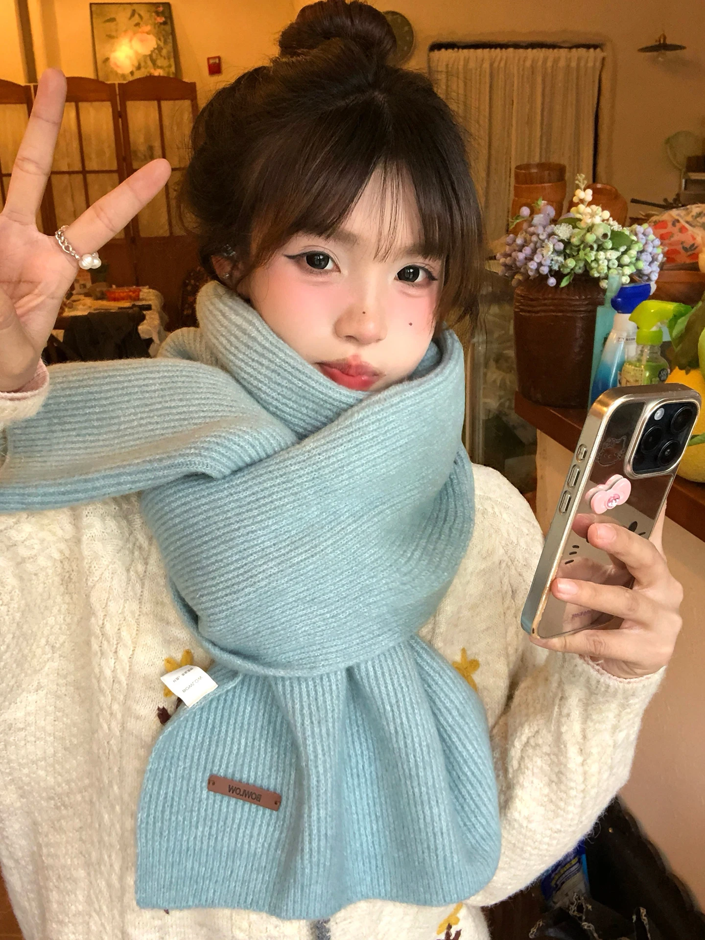 Thickened Wool Blend Knitted Scarf for Women Winter Warm Neck Protection Korean Style Atmosphere Sensation Blue Long Rectangle