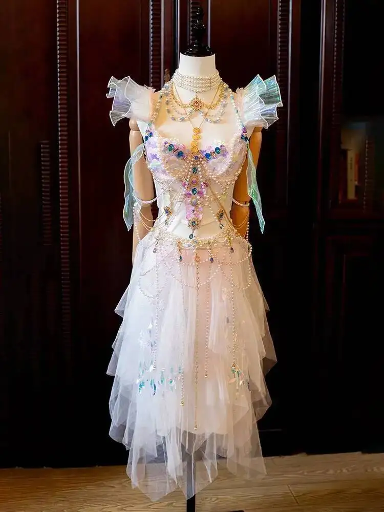 

Luxurious Shiny Gauze Dress Set IEDM edc Electronic Music Sexy Performance Cosplay Costume Mermaid Performance Bra