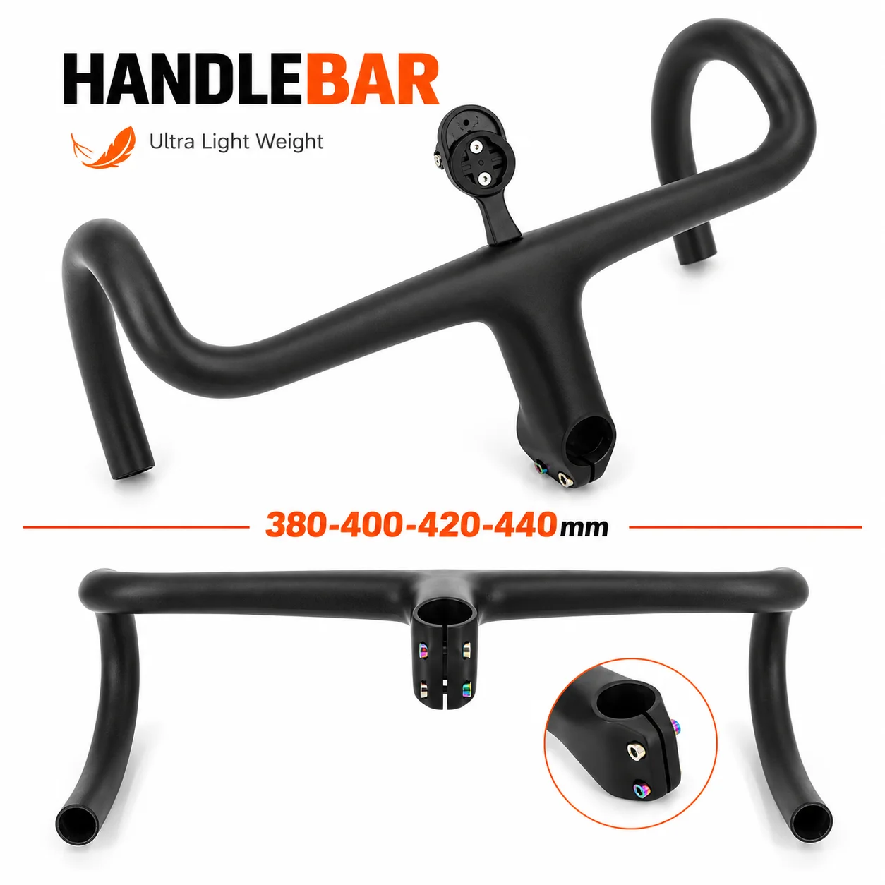 UD Matte Carbon Integrated Handlebar Stem round Tube 265g Road Bike Computer Mount 380-440mm Bicycle Handlebars Accessory