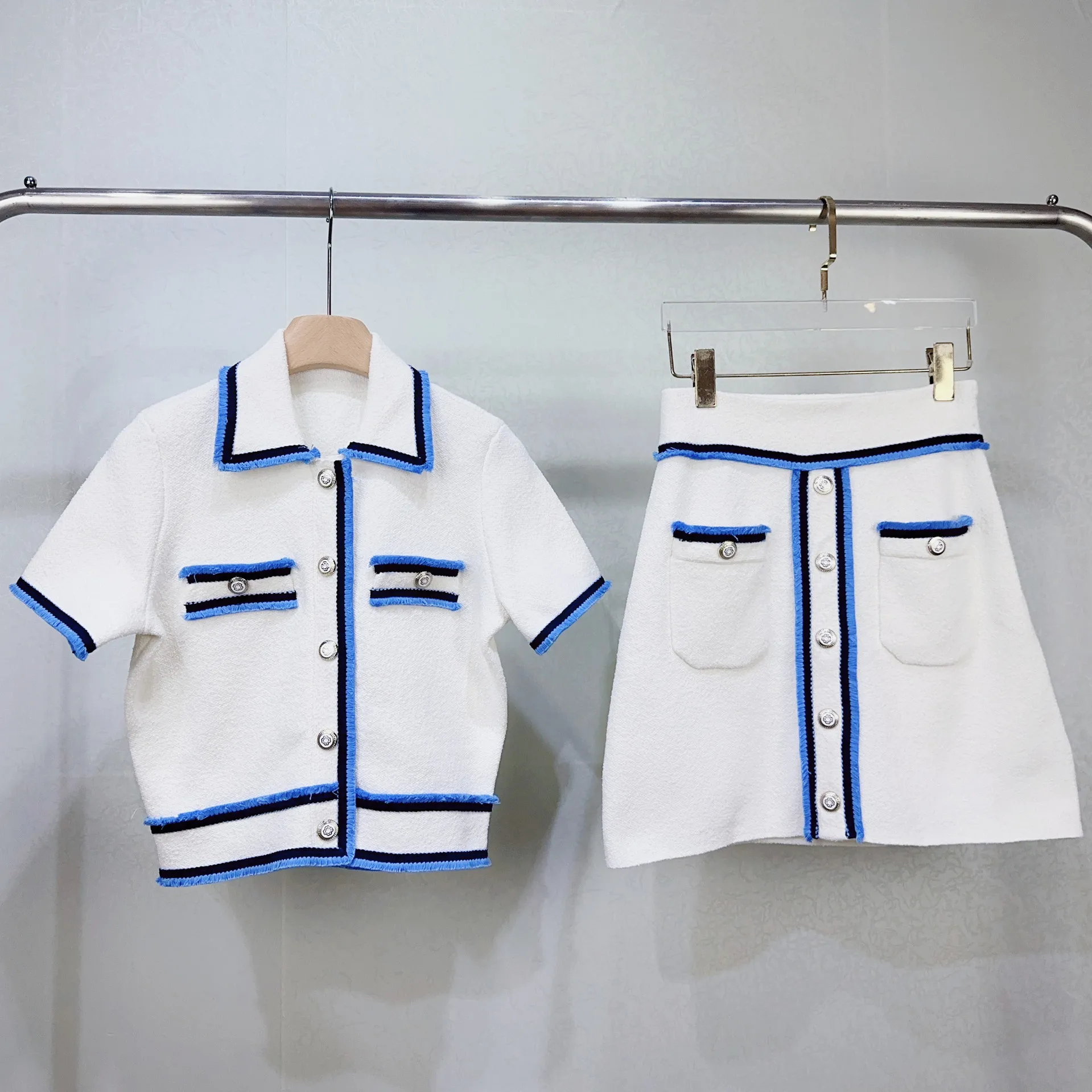 

Exquisite Suit Lapel Color-blocking Tassel Knitted Top Skirt Short Style 25 Spring and Summer New Style 2 Piece Set White Women