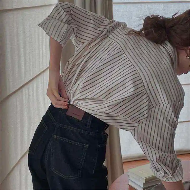 

New Design Women's Striped irt Monotonous Suits Not Commute Sle Korean Version Cotton 00% Long Sve Collar