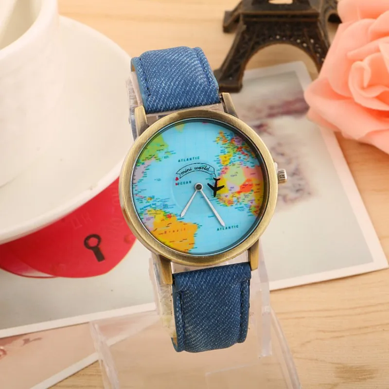 

Hot selling antique copper earth watch for foreign trade, airplane second hand rotation, denim belt, men's and women's map watch