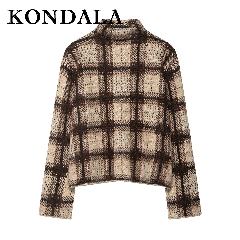 KONDALA Chic 2025 Autumn Plaid Streetwear Women Sweaters Fashion Button Up Collar Knitted Loose Warm Elegant Famale Sweaters