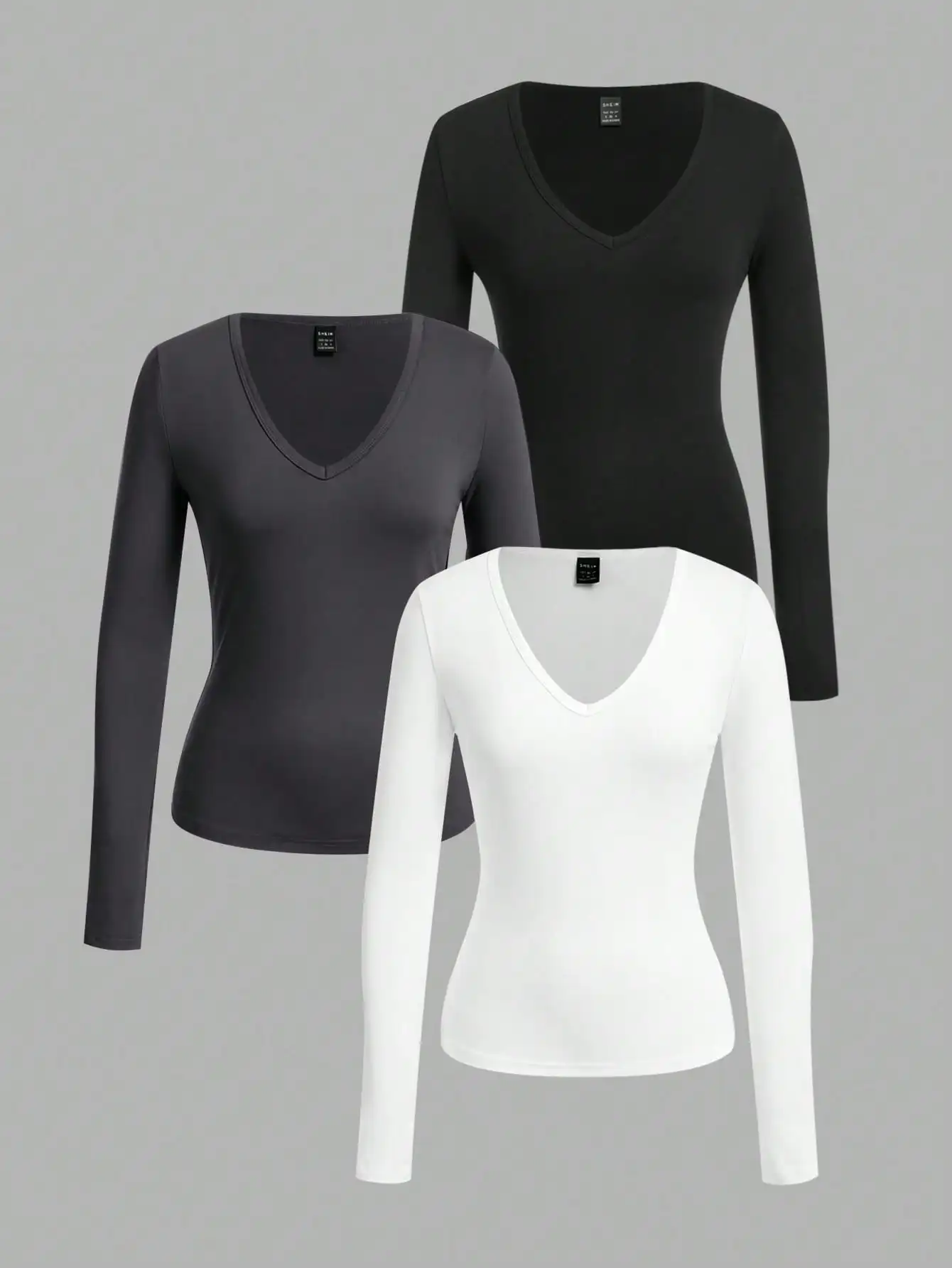 

3-Pack Women's Deep V-Neck Long Sleeve Slim Fit T-Shirts for Fall/Winter, Black/Gray/White