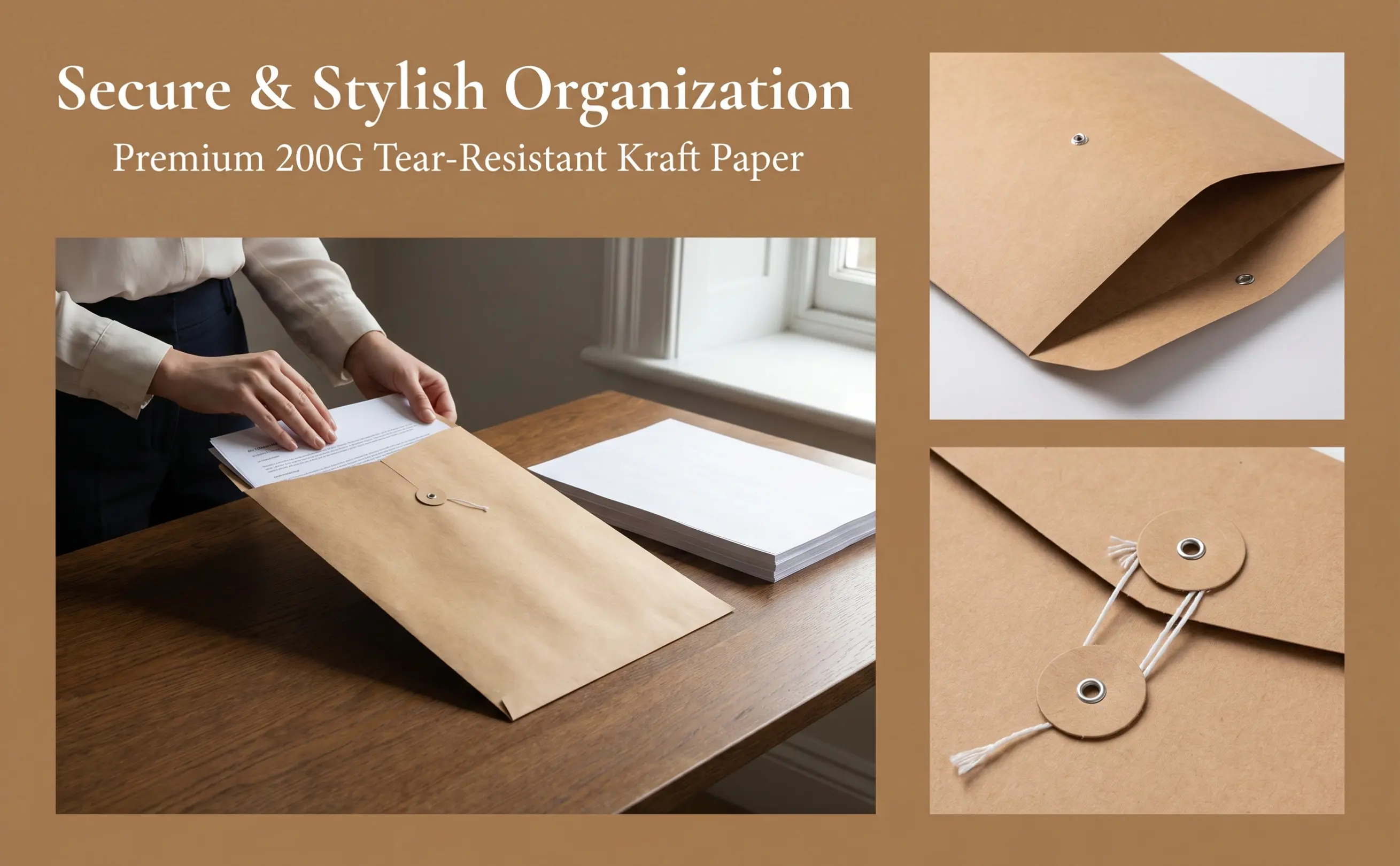10Pcs Kraft Paper Envelope String Tie Closure Document Organizer File Folder A4 File Envelope Office Supplies Document Organizer