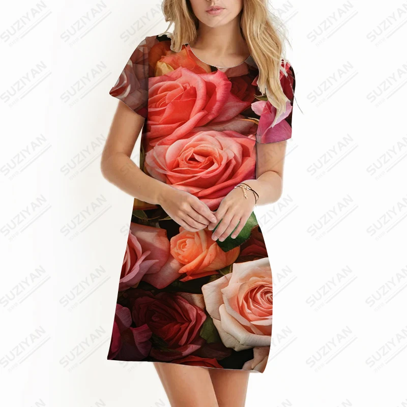 2023 Summer Women's Elegant Casual Dress Gorgeous Flower 3D Printing Dress Fashion Versatile Short-sleeved Dress