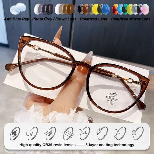 Imagen 2 del producto CLLOIO, gafas de lectura graduadas para miopía con forma de ojo de gato versátiles para mujer, gafas ópticas fotocromáticas progresivas antirayos azules
