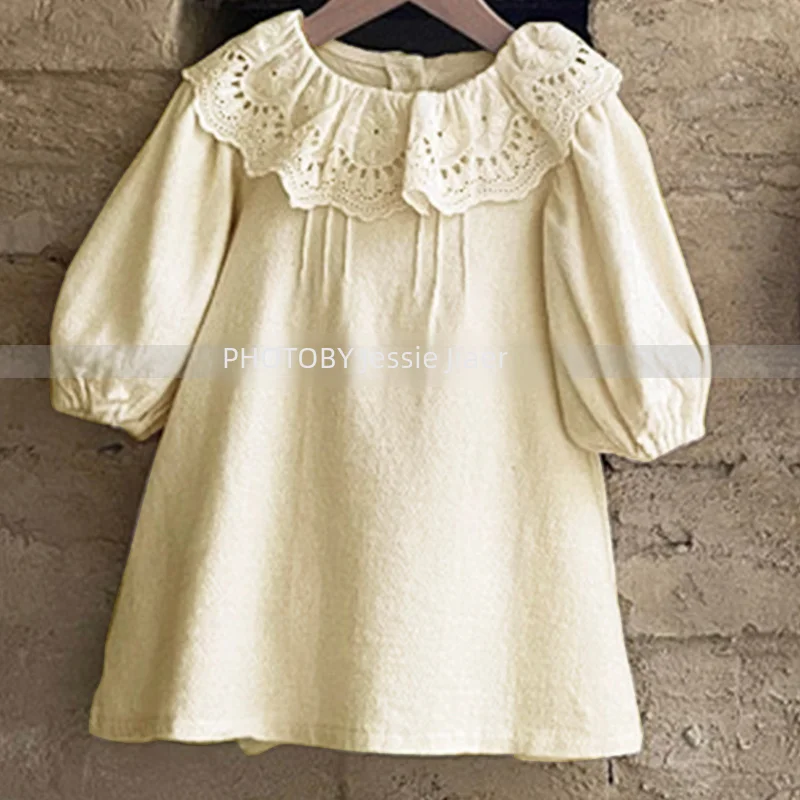 Korean Style Girls Casual Dress Spring Autumn New Arrival Stylish Little Women's Lace Leaflet Lapel A- line Princess Skirt