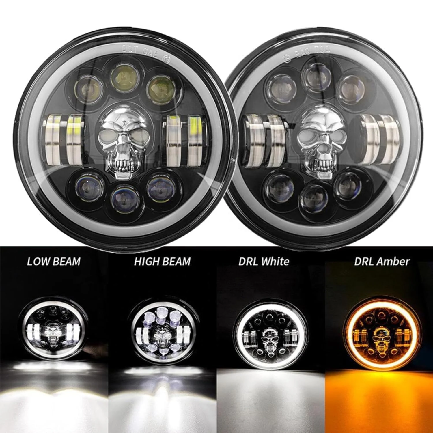 5.75 inch Motorcycle LED Headlight Skull Pattern Projector Halo Ring 5 3/4