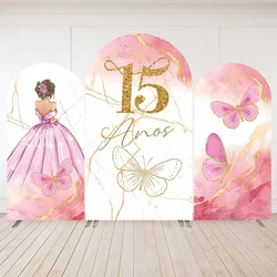 Mehofond Quinceanera Dress Party Arched Wall Custom Pink Pincess Sweet 15 16th Birthday Arch Backdrop Cover 2-Sided Decoration