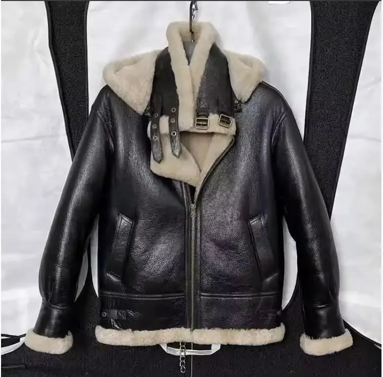 .Men 100% real fur jacket with hat.quality winter warm genuine leather coat.sheepskin wool.Black shearling cloth