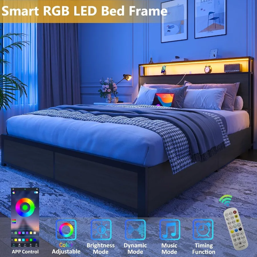 Queen Bed Frame with 2-Tier Storage Headboard Featuring 4 Storage Drawers Built-in Charging Station with LED Lighting Noise-Fre