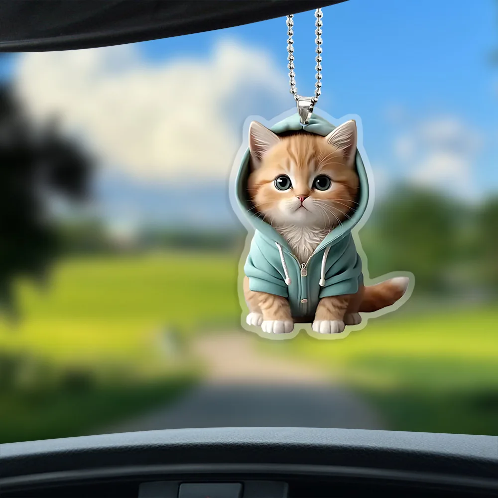 Cartoon Hooded Sweatshirt Kitten Keychain 2D Acrylic Car Pendant Cute Cat Rearview Mirror Decoration Ornaments Backpack Keychain