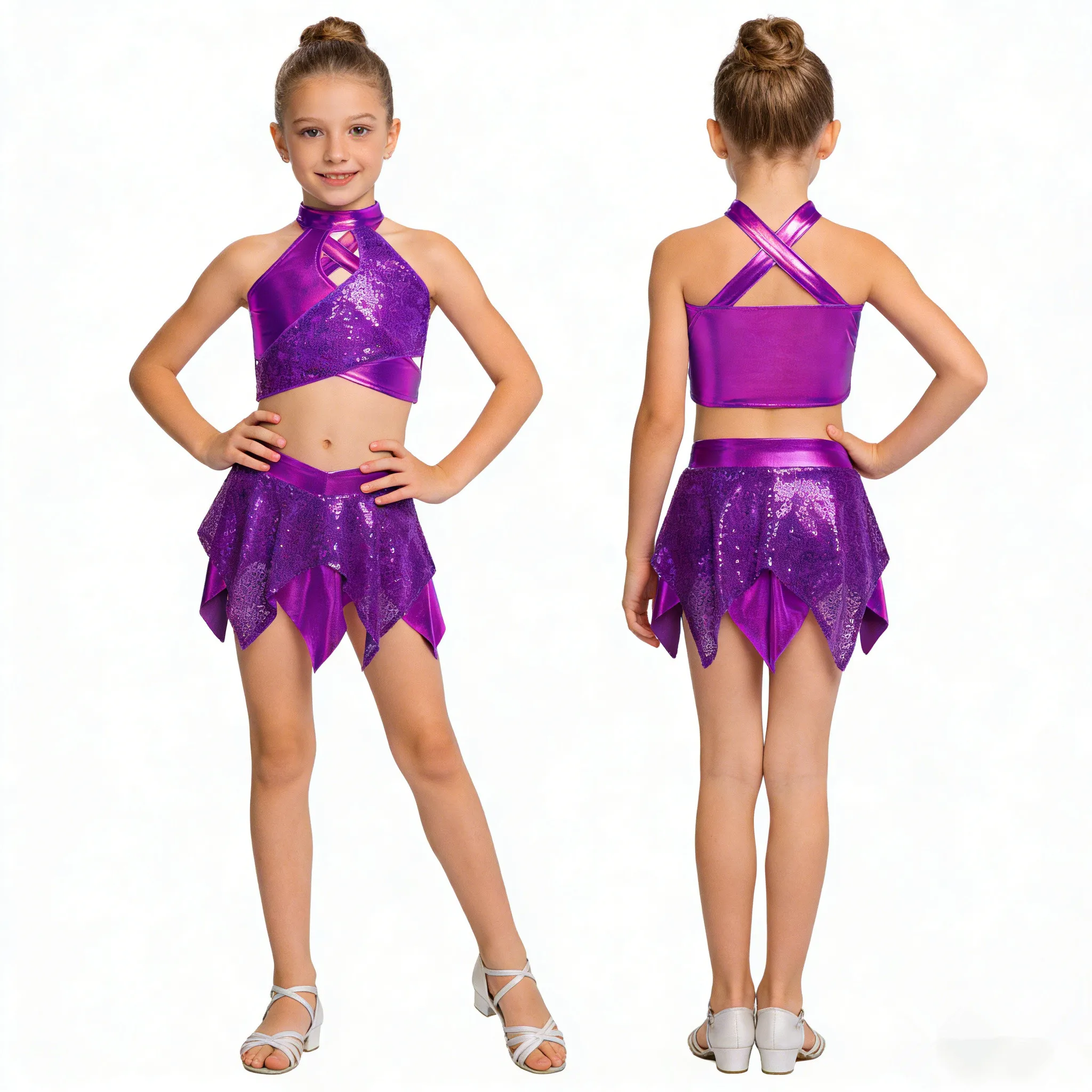 Kids Girls Metallic Shiny Sequin Hip Hop Jazz Dance Crop Tank Top with Culottes Cheerleading Uniform School Party Show Dancewear