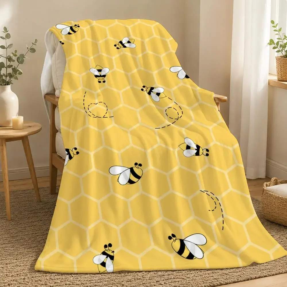 Cute Bee Pattern Throw Blanket Yellow Hexagon Design Cozy Living Room Sofa Bedding Gift