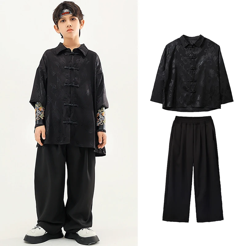 

Kids Jazz Dance Stage Costume Boys Chinese Style Clothing Street Dance Performance Clothes Black Hip Hop Dance Outfit DL9914