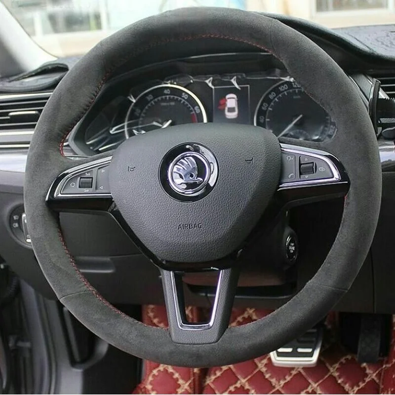 Cover Customization for Koda RAPID Hand-Stitched Black Suede Car Steering Wheel Cover Special Vehicle Car Accessories