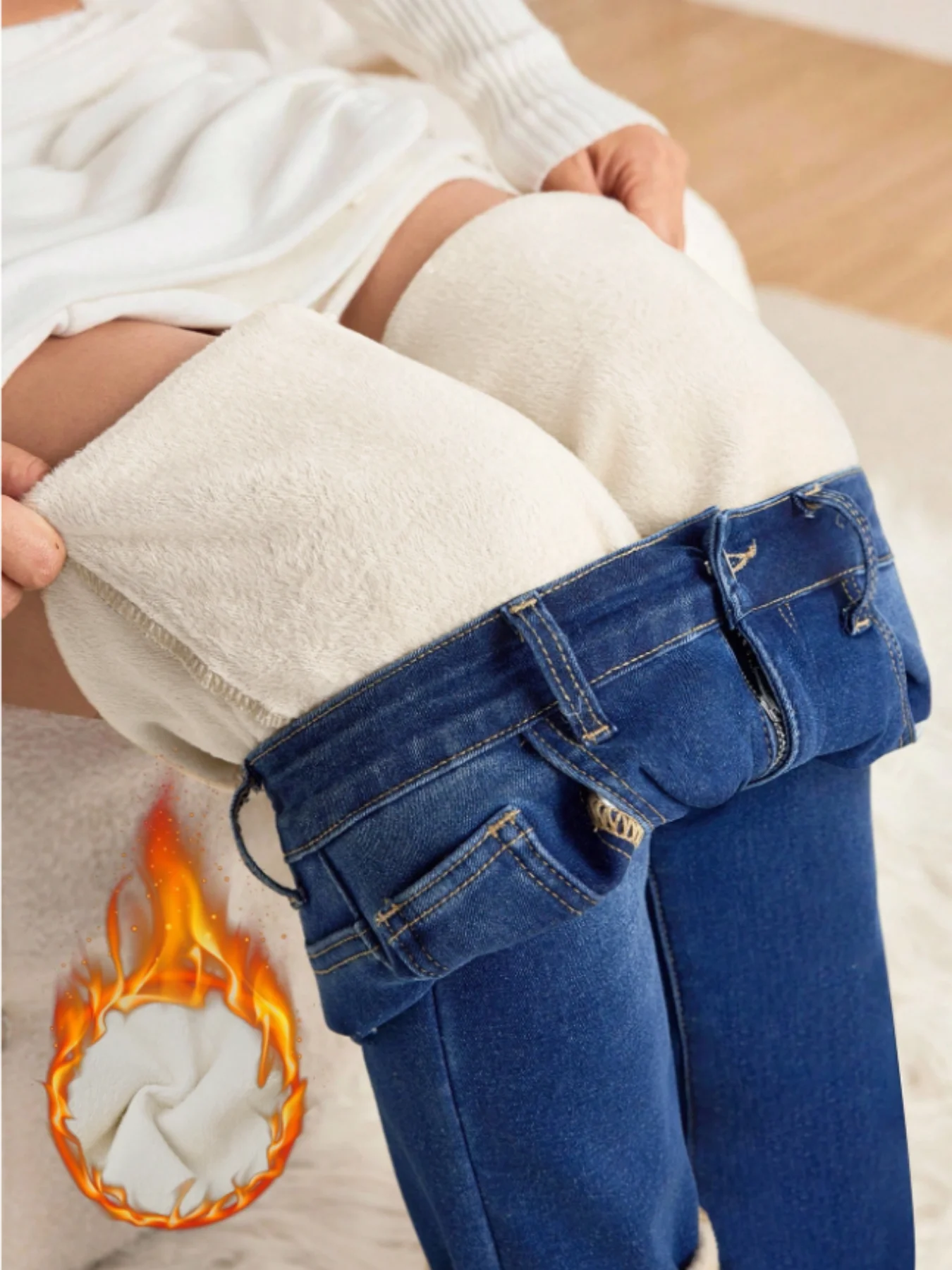 Women's Winter Fleece Lined Warm Jeans High Waist Skinny Stretch Slimming Pants Deep Blue Cuffed Design Comfortable Versatile Vi
