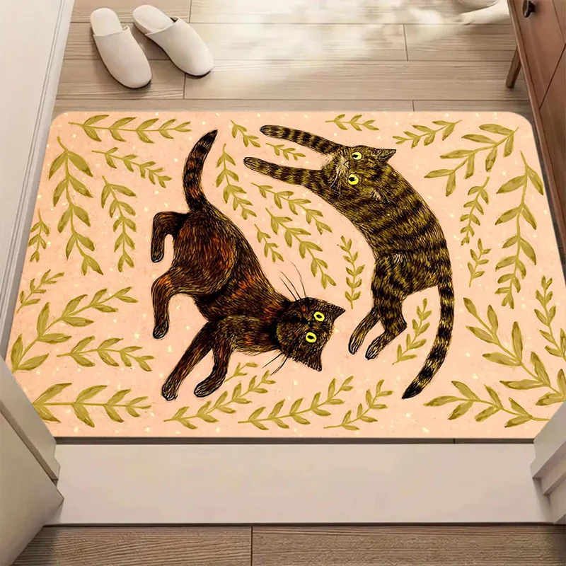 Whimsical Botanical Cat Print Bath Mat Non Slip Washable Cozy Playful Floor Carpet for Bathroom Bedroom Entryway Charming Decor