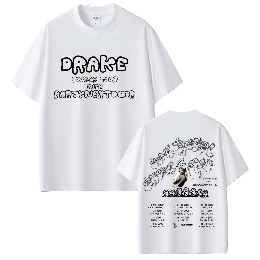 Męska i damska moda hip-hopowa, muzyka pop, koszulka oversize, popularna koszulka z raperskim motywem, koszulka z europejskiej trasy koncertowej rappera Drake'a i Partynextdoor.