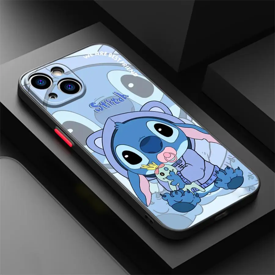 Phone Case for iPhone 16 14 Pro 15 11 XR 12Mini XS SE 13 16ProMax 15 Plus X 12 Frosted Funda Cover Disney Cartoon Stitch Anqi