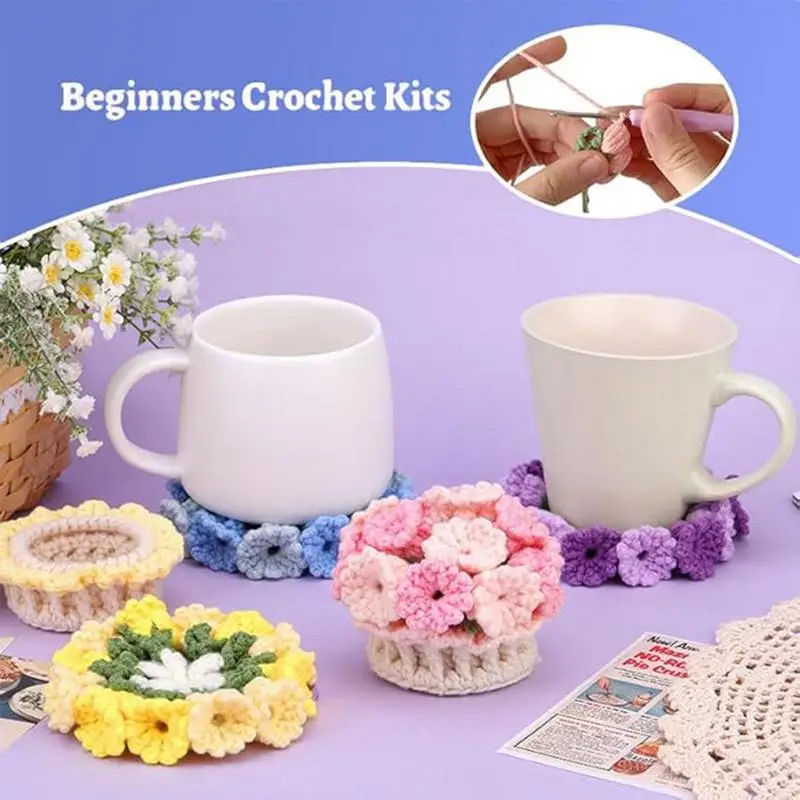 Crochet Kit for Beginners Flower Pot Coasters Crochet Starter Kit Complete Knitting Crochet Supplies with Step-by-Step Video