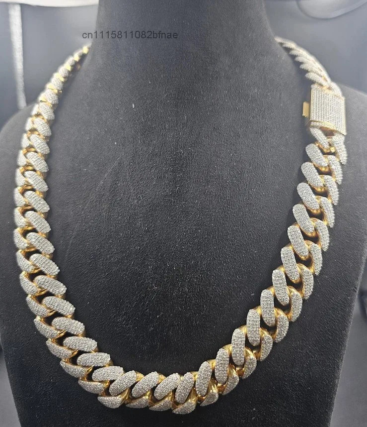 Men's Rhodium Plated VVS Moissanite Cuban Link Chain Iced Out Hiphop Necklace Everyday Wear Statement Jewelry，