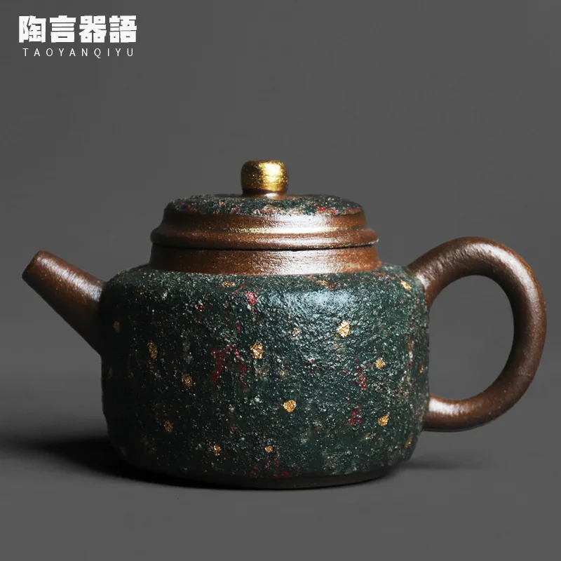 Green Ore Hand Painted 24K Gold Hand Holding Tea Pot Vintage Ceramic Master Craft Small Pouring Coffee Wine Kettle